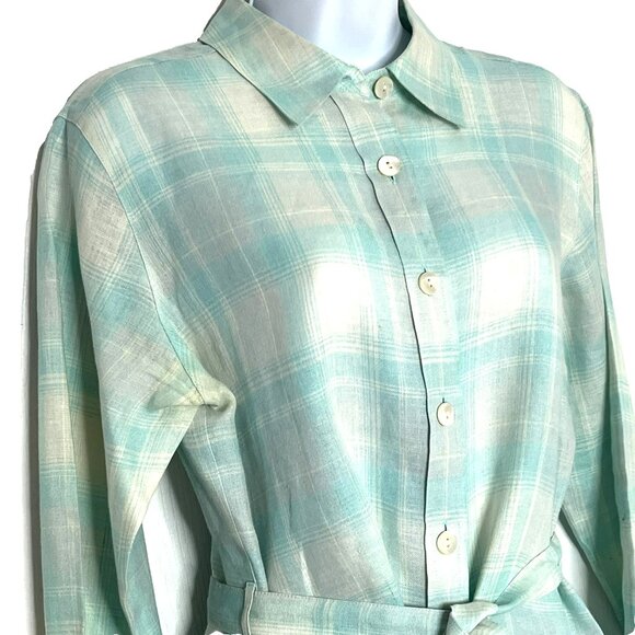 Talbots Petites Irish Linen Button Up Shirt w Belt sz 10P Blue Plaid Coastal - Picture 3 of 9